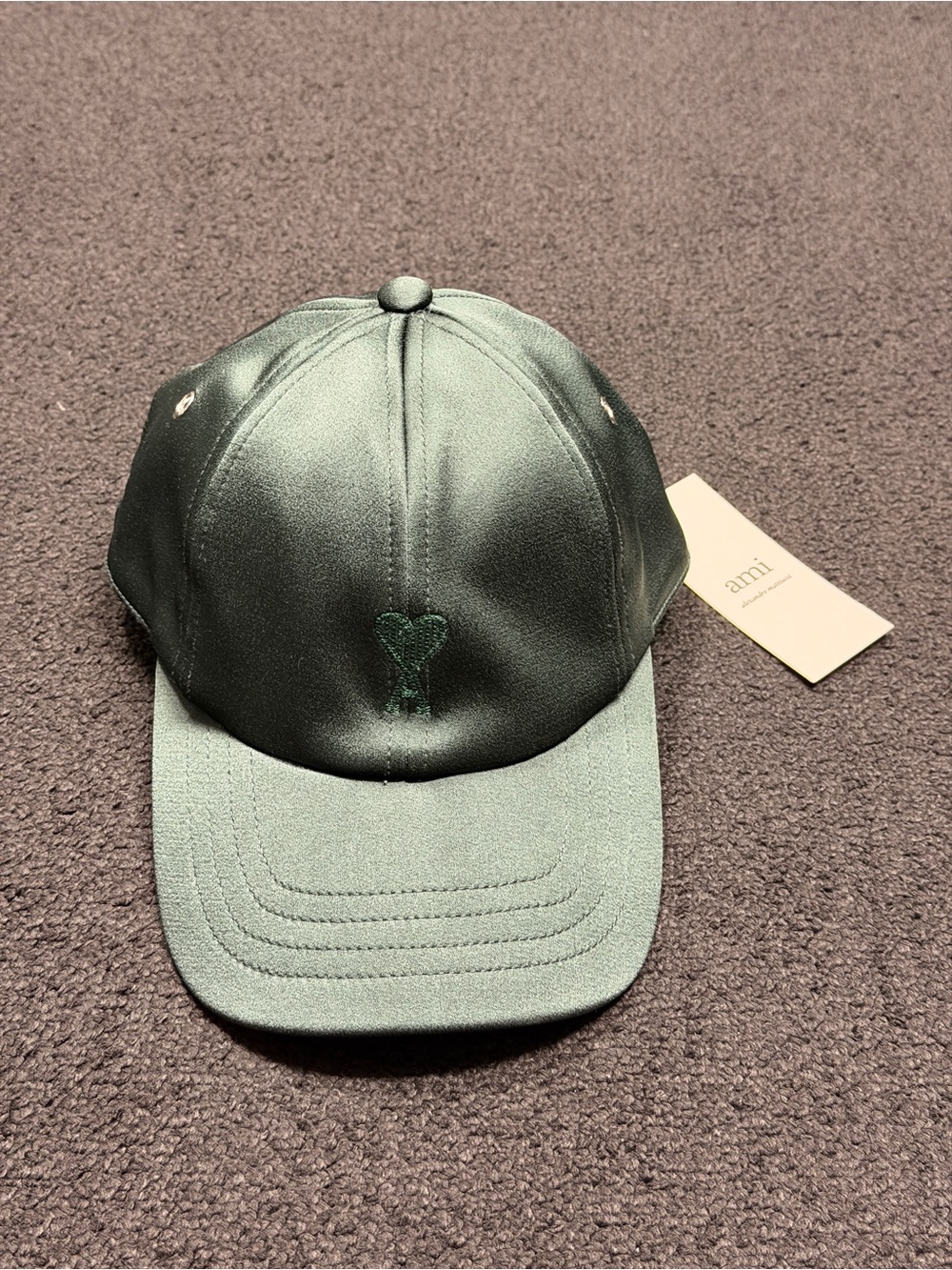 AMI Paris Green Ami de coeur Cap Satin Baseball Hat.